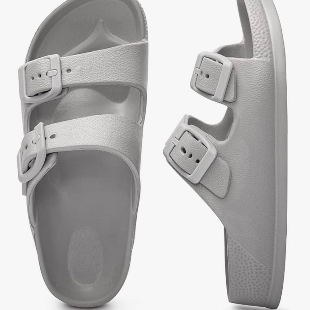 Double Buckle Slide Sandals in Light Gray
